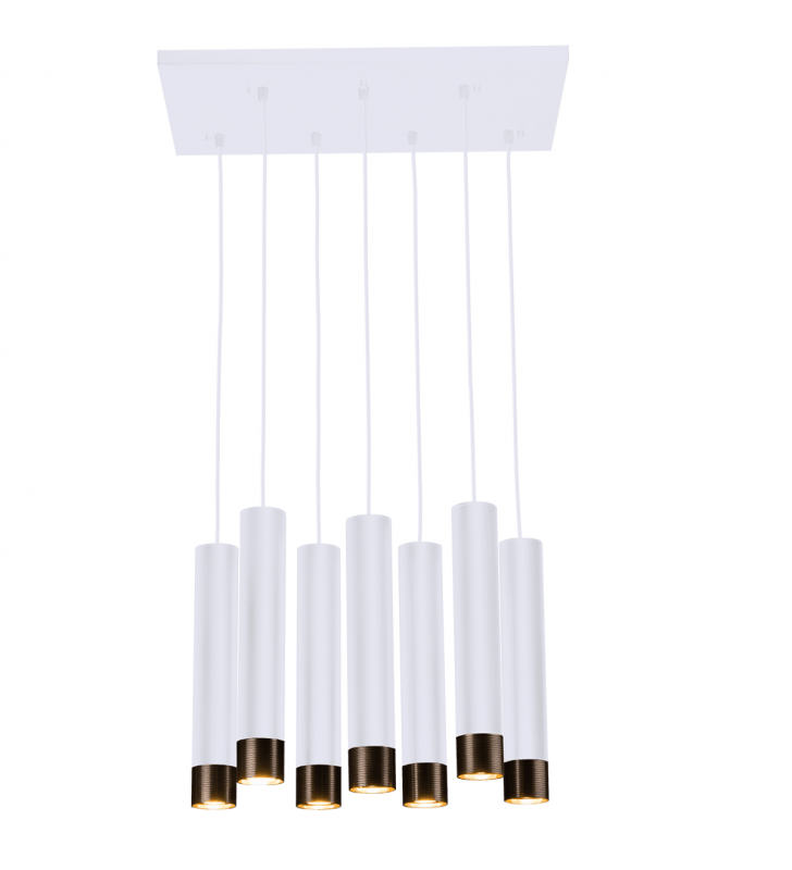 Lampa wisząca Eido biała 7 zwisowa patynowe detale do salonu jadalni kuchni sypialni