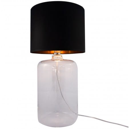 Wysoka szklana stołowa lampa Amarsa czarny abażur ze złotym środkiem szklana bezbarwna podstawa