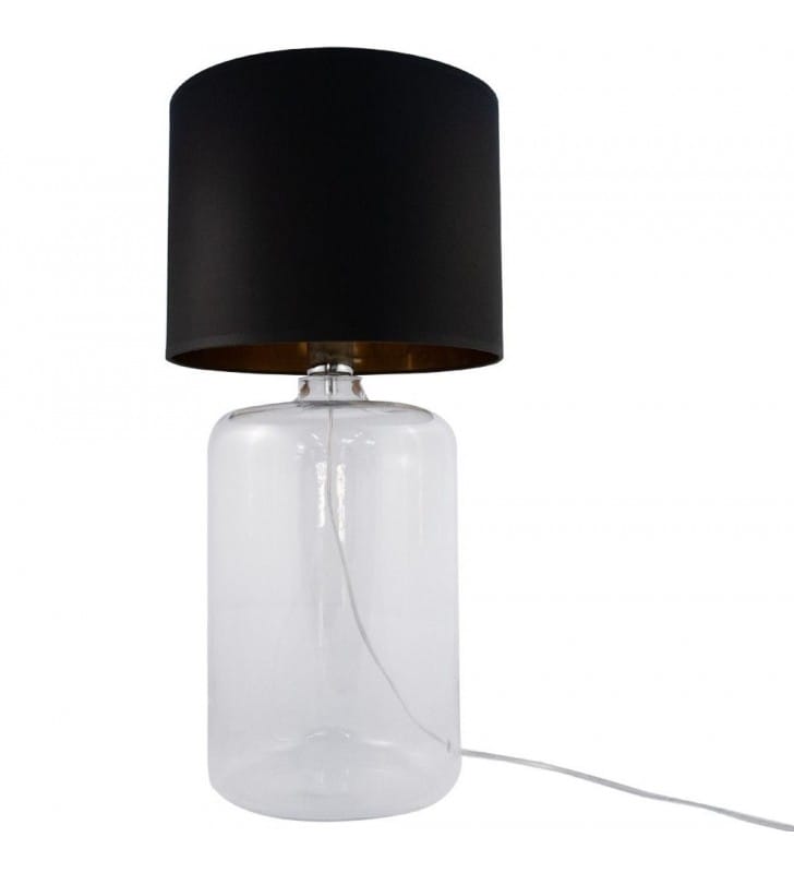 Wysoka szklana stołowa lampa Amarsa czarny abażur ze złotym środkiem szklana bezbarwna podstawa