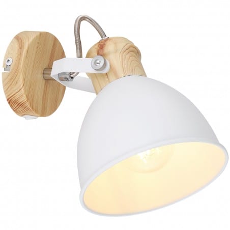 Biała lampa ścienna z elementami imitującymi drewno i z włącznikiem Wiho