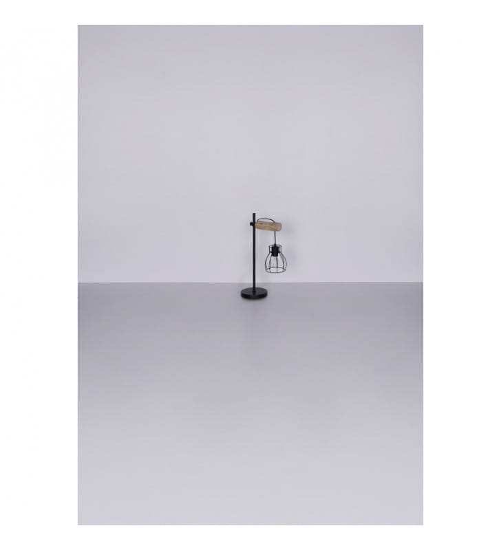 Lampa stołowa Mina w stylu vintage czarna klosz druciany drewniane ramię regulacja wysokości