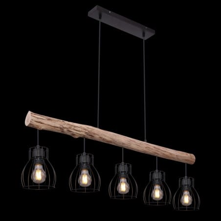 Mina lampa wisząca w stylu vintage czarna 5 drucianych kloszy na drewnianej belce Globo Lighting