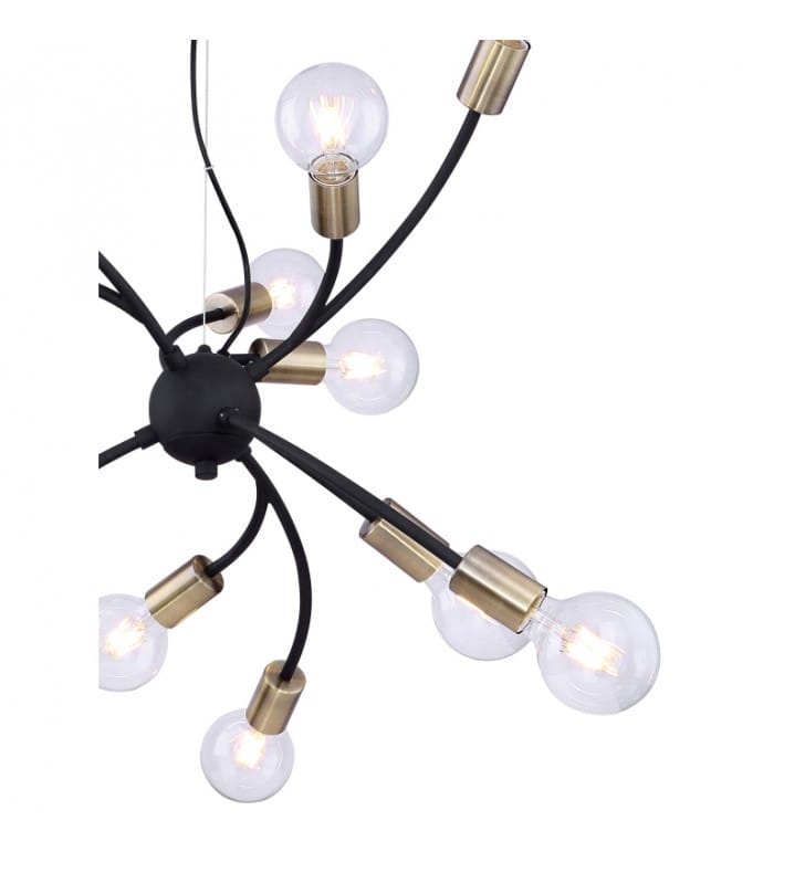 Wielopunktowa nowoczesna lampa wisząca do salonu bez kloszy Sarini Globo Lighting czarna z mosiężnymi detalami