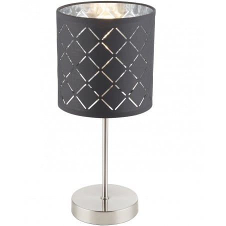 Szara lampa stołowa Kidal abażur dekorem wewnątrz srebrny włącznik na przewodzie