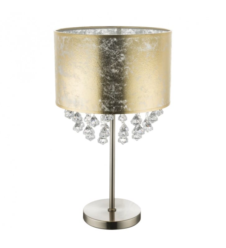 Złota lampa stołowa z akrylowymi kryształkami Amy abażur przecierany styl glamour