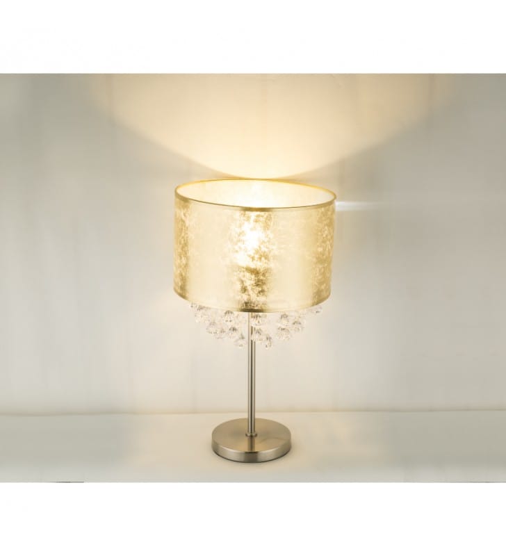 Złota lampa stołowa z akrylowymi kryształkami Amy abażur przecierany styl glamour