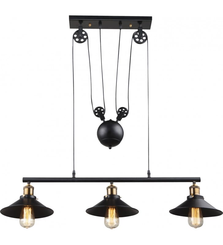 Potrójna czarna metalowa lampa wisząca Lenius z przeciwwagą detale mosiądz antyczny do salonu sypialni kuchni jadalni nad stół