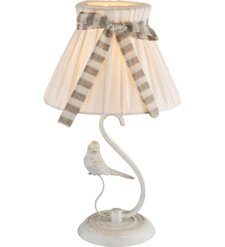 Romantyczna lampa stołowa Savio biała podstawa ze złotymi przetarciami abażur dekoracyjny ptaszek