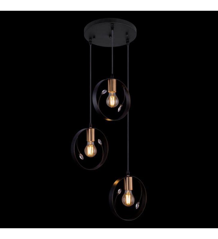 Potrójna nowoczesna lampa wisząca Vigo 3 czarne obręcze z akrylowymi kryształami mosiądz antyczny np. nad stół do jadalni