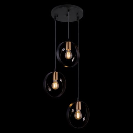 Potrójna nowoczesna lampa wisząca Vigo 3 czarne obręcze z akrylowymi kryształami mosiądz antyczny np. nad stół do jadalni