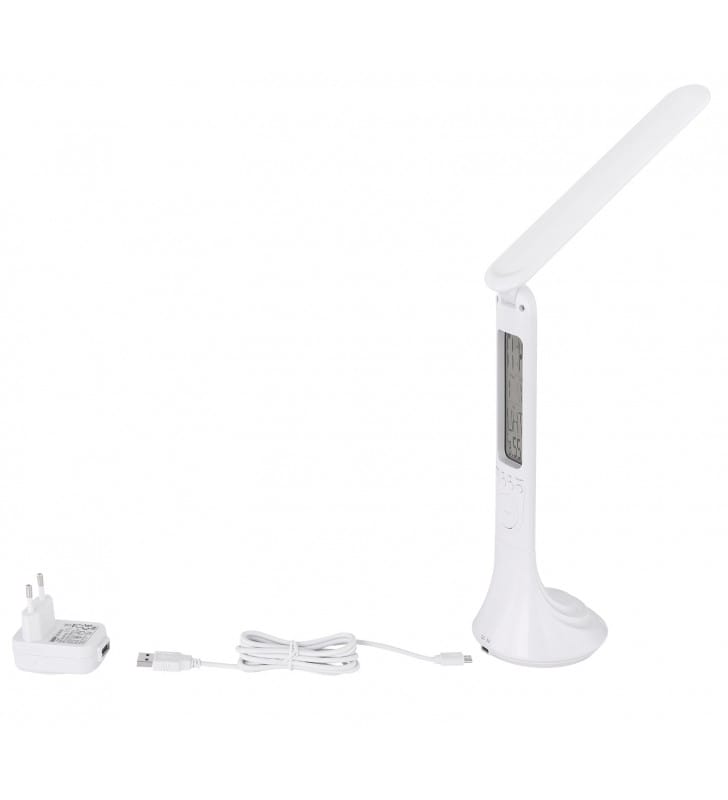 Wielofunkcyjna lampka biurkowa LED Tyrell biała ze ściemniaczem zmiana barwy światła podłużny klosz termometr zegar budzik