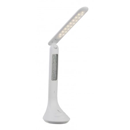Wielofunkcyjna lampka biurkowa LED Tyrell biała ze ściemniaczem zmiana barwy światła podłużny klosz termometr zegar budzik
