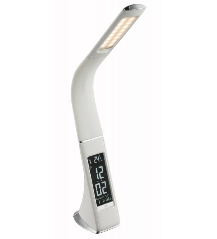 Wielofunkcyjna biała lampka biurkowa z giętkim ramieniem Sophie LED ściemniacz zmiana barwy światła budzik termometr zegar timer