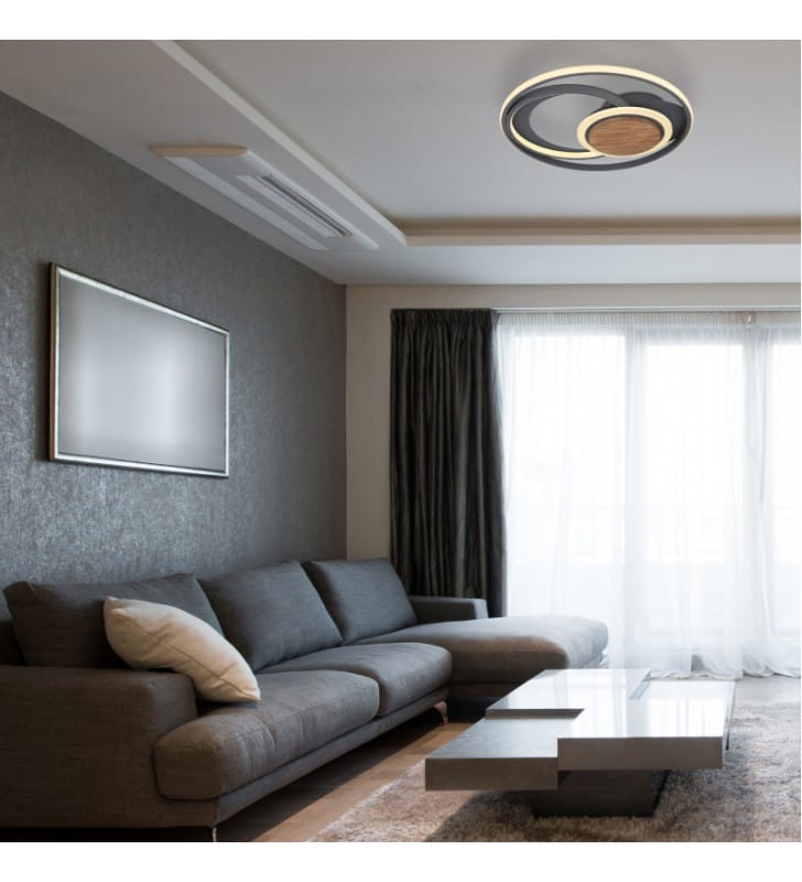 Ramkowy okrągły plafon Nirra LED 49cm metal grafit drewno do nowoczesnego salonu sypialni przedpokoju