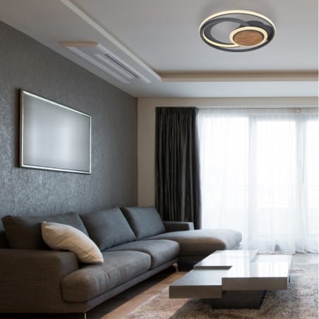 Ramkowy okrągły plafon Nirra LED 49cm metal grafit drewno do nowoczesnego salonu sypialni przedpokoju