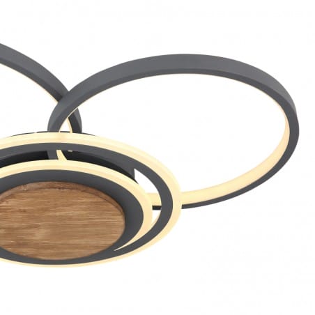 Okrągły plafon Nirra LED 3 metalowe grafitowe pierścienie wykończenie drewno do nowoczesnego salonu sypialni kuchni