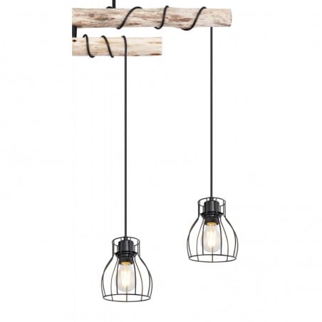 Lampa wisząca w stylu vintage Mina metal czarny 2 drewniane belki 4 druciane klosze