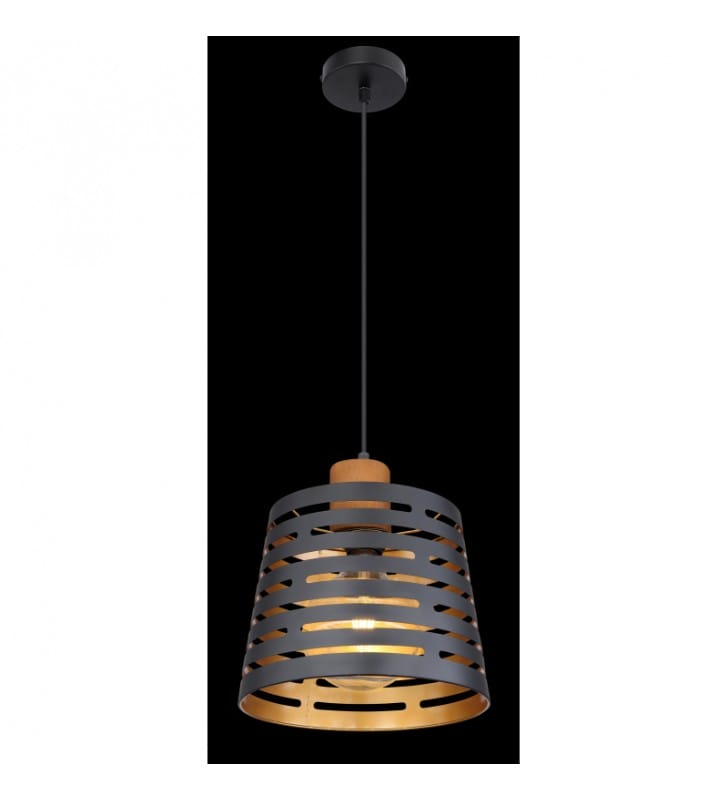Lampa wisząca Ablona metal drewno czarny złoty klosz ażurowy stożek