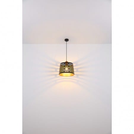 35cm metalowa lampa wisząca Ablona drewniana oprawka czarna ze złotym wnętrzem klosz ażurowy