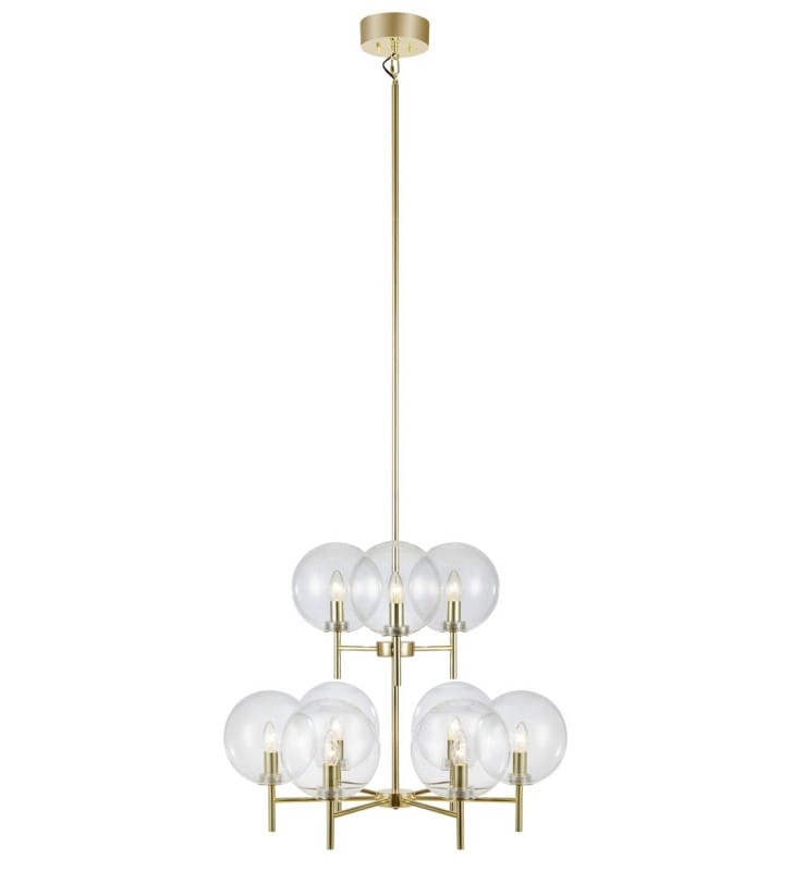 Żyrandol Crown stylowy elegancki złoty 9 bezbarwnych kloszy szklane kule do salonu sypialni jadalni