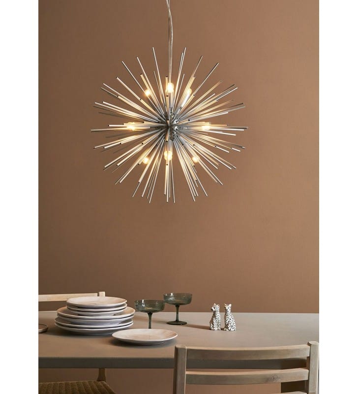 Srebrna nowoczesna lampa wisząca kula z metalowych pręcików  Solei długi zwis do salonu sypialni jadalni nad stół
