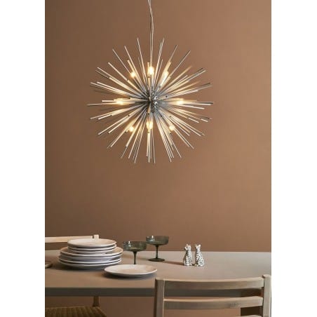 Srebrna nowoczesna lampa wisząca kula z metalowych pręcików  Solei długi zwis do salonu sypialni jadalni nad stół