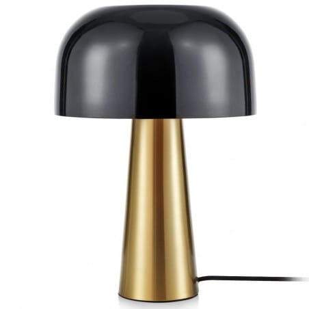 Nowoczesna designerska lampa stołowa Blanca połączenie patynowej podstawy z czarnym abażurem grzybek