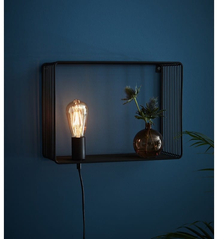 Czarna metalowa lampa ścienna Shelf półka nowoczesna z włącznikiem na przewodzie