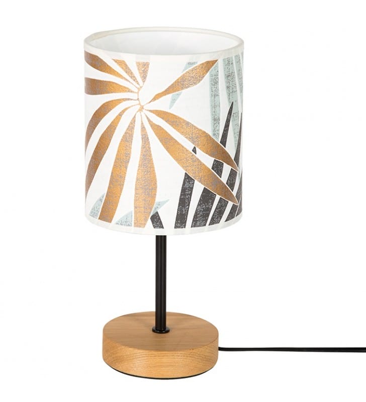 Mała lampa stołowa nocna Hoja z wzorzystym abażurem do sypialni podstawa drewno metal