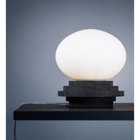 Lampa stołowa Amfi ciemna szara podstawa z drewna biały klosz ze szkła