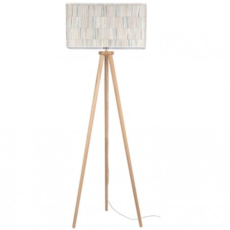 Lampa stojąca na drewnianym trójnogu Malo kolorowy prostokątny abażur z tapety