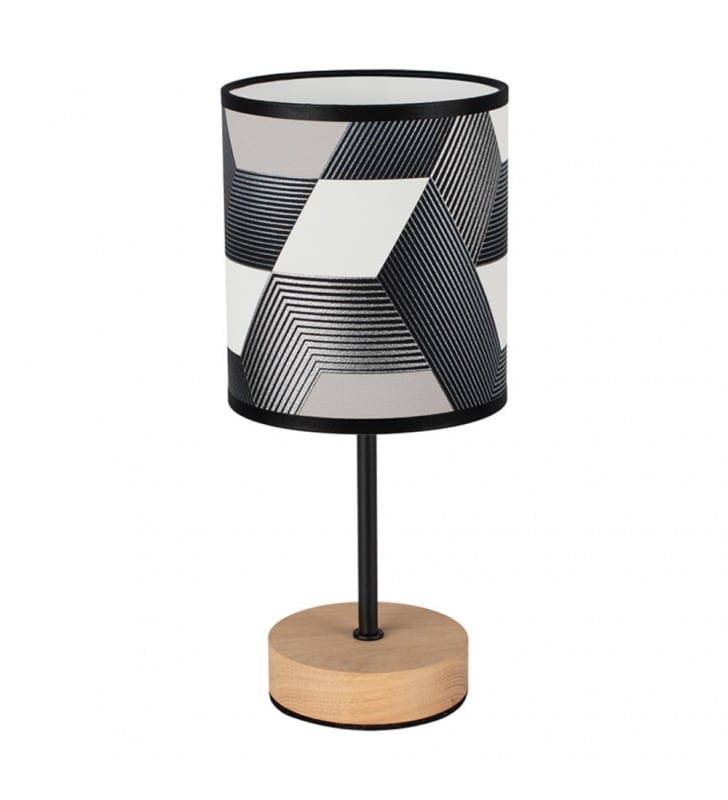 Niska lampa stołowa nocna Espacio abażur z dekorem podstawa czarny metal z drewnem włącznik na przewodzie