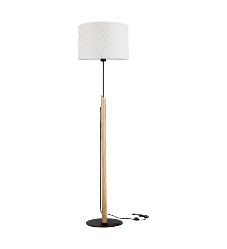 Punto nowoczesna lampa stojąca z białym abażurem podstawa czarny metal drewno dąb olejowany włącznik podłogowy do salonu