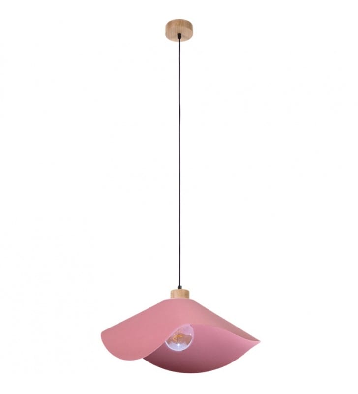 Różowa lampa wisząca do sypialni Hattu 50cm abażur z tkaniny detale drewno