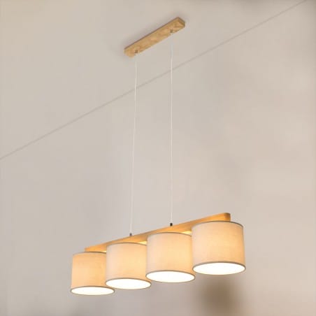 Szara lampa wisząca Aprillia drewno 4 materiałowe abażury do jadalni kuchni salonu