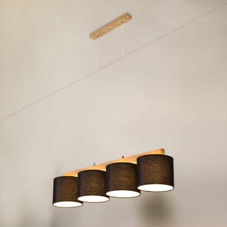 Aprillia czarna lampa zwis z drewnem dębowym 4 materiałowe abażury do jadalni nad stół