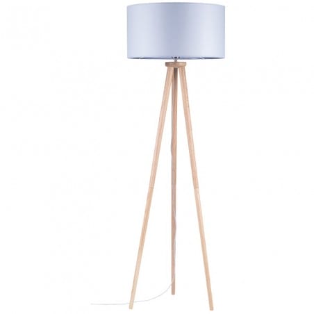 Lampa stojąca Ennie szara z materiałowym abażurem 3 drewniane dębowe nogi do sypialni salonu