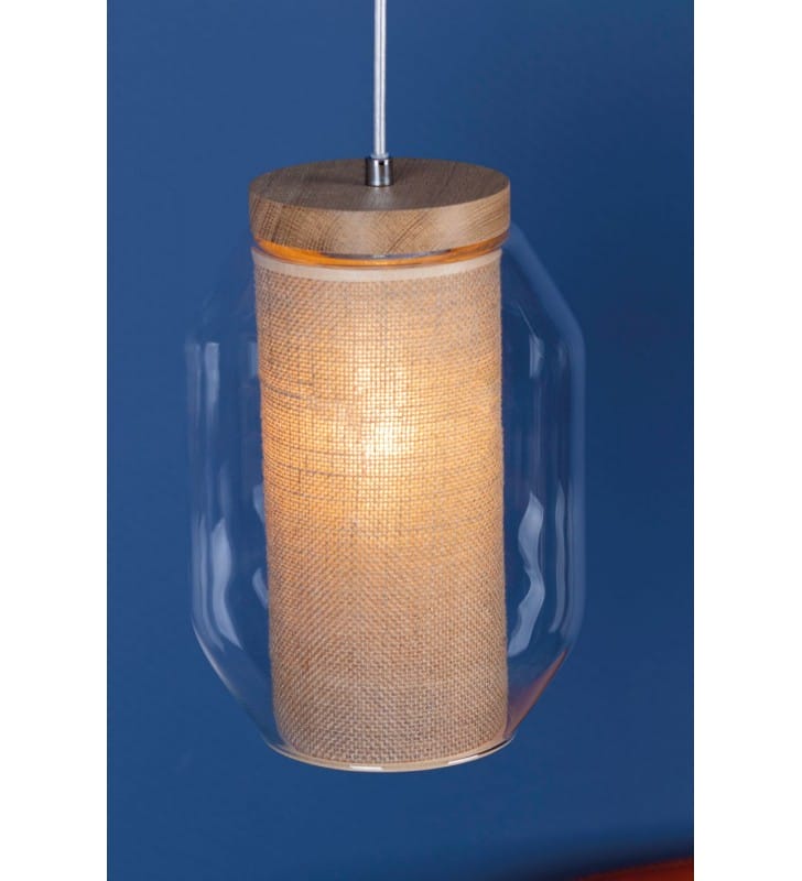Lampa wisząca Vaso Jute klosz bezbarwne szkło wewnątrz beżowy abażur drewno