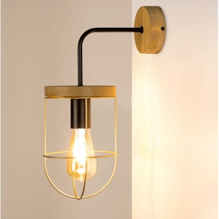 Netuno loftowa lampa ścienna ze złotym drucianym kloszem drewno 1xE27