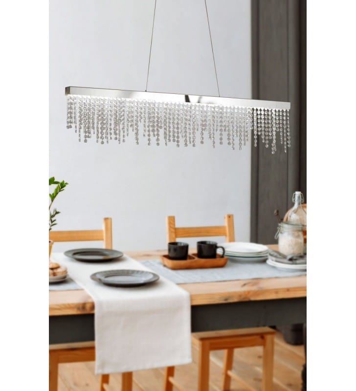 Podłużna listwa LEDowa Antelao lampa wisząca z kryształami wykończenie kolor chrom do salonu kuchni jadalni nad stół