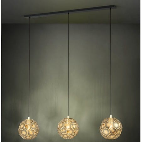 Lampa wisząca Skoura z 3 dekoracyjnymi geometrycznymi kloszami w kolorze mosiądzu do salonu kuchni jadalni