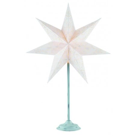 Świąteczna biała lampa stojąca Aratorp abażur biała gwiazda z papieru z dekoracyjnym wzorem podstawa postarzana