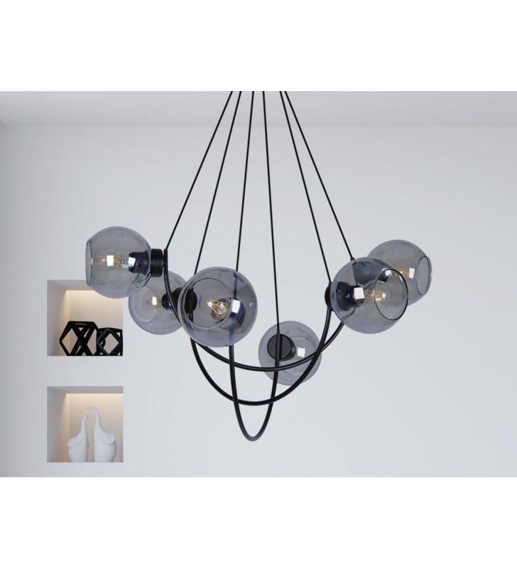 6 punktowa nowoczesna lampa wisząca Sirius czarna okrągłe grafitowe szklane klosze do salonu sypialni jadalni