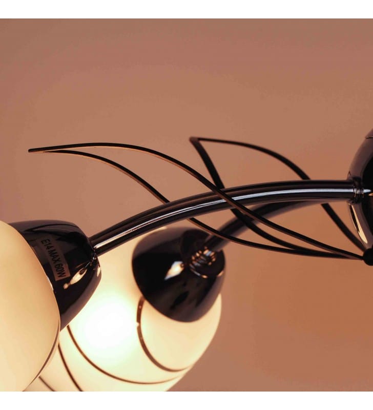 Xena lampa na sufit krótki żyrandol 5 ramion szklane zdobione klosze metal chrom i czarny
