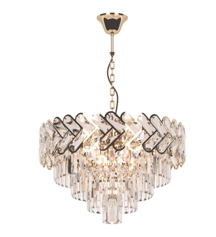 Złota lampa wisząca z podłużnymi kryształami Toscana Gold do salonu klosz stożek kaskada łańcuch 8xE14