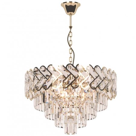 Złota lampa wisząca z podłużnymi kryształami Toscana Gold do salonu klosz stożek kaskada łańcuch 8xE14