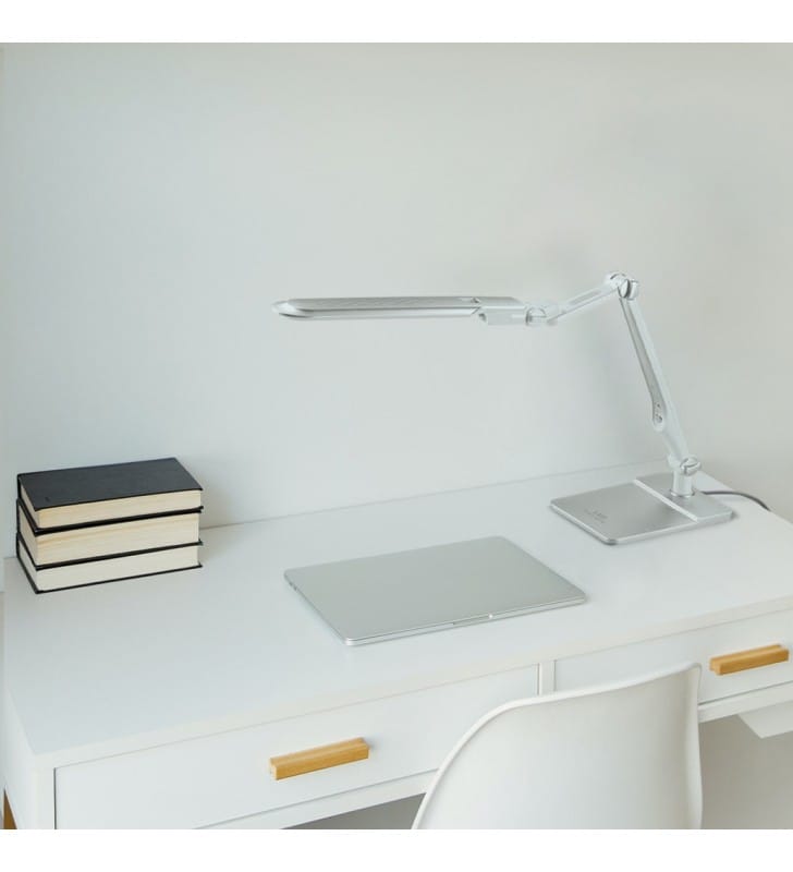 Lampa biurkowa LED biało srebrna Mica regulacja barwy światła ściemniacz styl nowoczesny