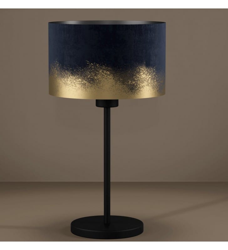 Casuarita elegancka lampa stołowa nocna z aksamitnym granatowo złotym abażurem czarna podstawa
