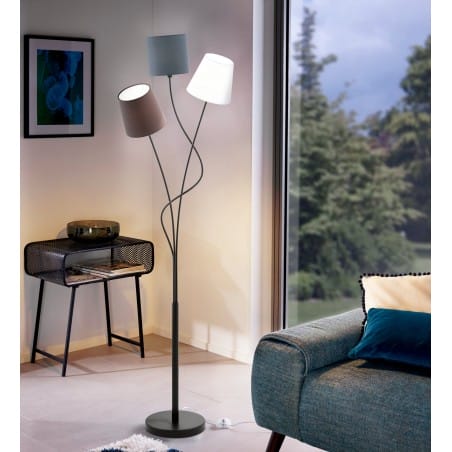 Lampa podłogowa Maronda czarna podstawa z 3 abażurami w różnych kolorach i kształtach do sypialni jadalni salonu na korytarz