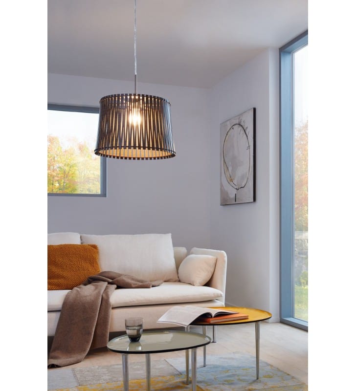 Okrągła ciemnobrązowa lampa wisząca Sendero z drewnianym abażurem do salonu jadalni kuchni sypialni nad stół